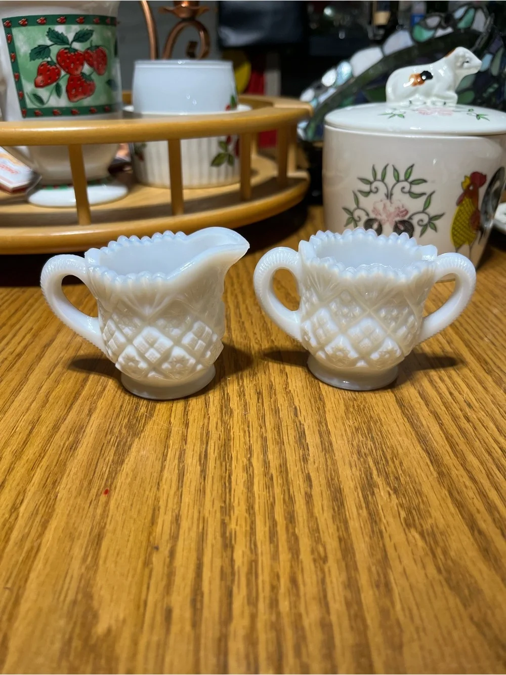 Mini Vintage Milk Glass Creamer and Sugar Set - White